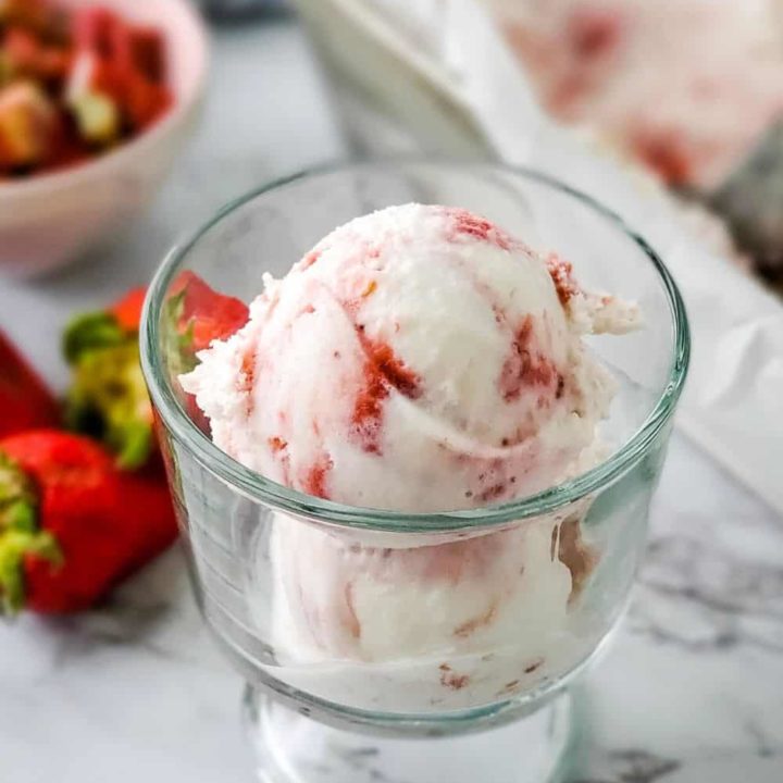 Low Carb Strawberry Rhubarb Swirl Ice Cream in a dish