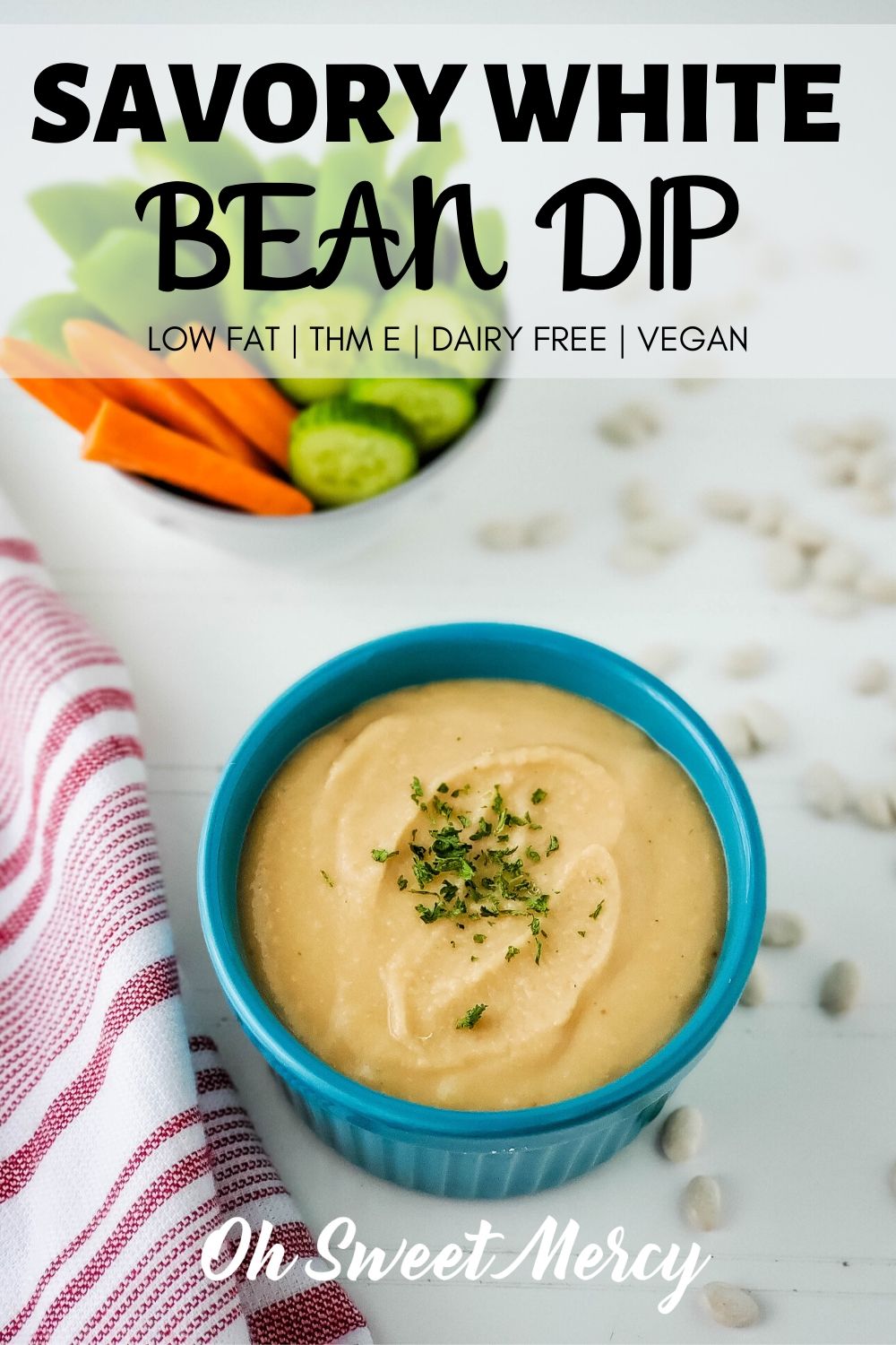 Need a cool, creamy, dairy free dip? Try my Easy Savory White Bean Dip. It's low (or no) fat and a perfect THM E snack for a hot summer day. Also great packed in lunches or served at parties for your dairy free and vegan friends. #lowfat #beandip #thm #snacks #dairyfree #vegan #vegetarian #easysnacks #thmrecipes @ohsweetmercy