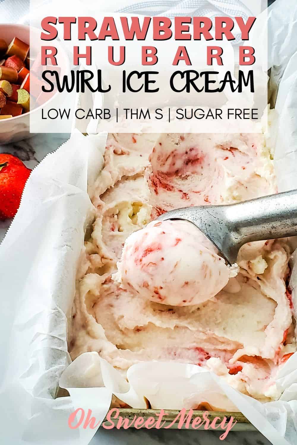 Love Rhubarb? Make my Low Carb Strawberry Rhubarb Swirl Ice Cream! It's the perfect pairing of sweet, tart, and tangy strawberry rhubarb sauce and rich, creamy vanilla ice cream. Made without sugar, each serving has under 2 grams of net carbs. A perfect summer treat! #lowcarb #thm #sugarfree #rhubarb #icecream #thmdesserts #keto