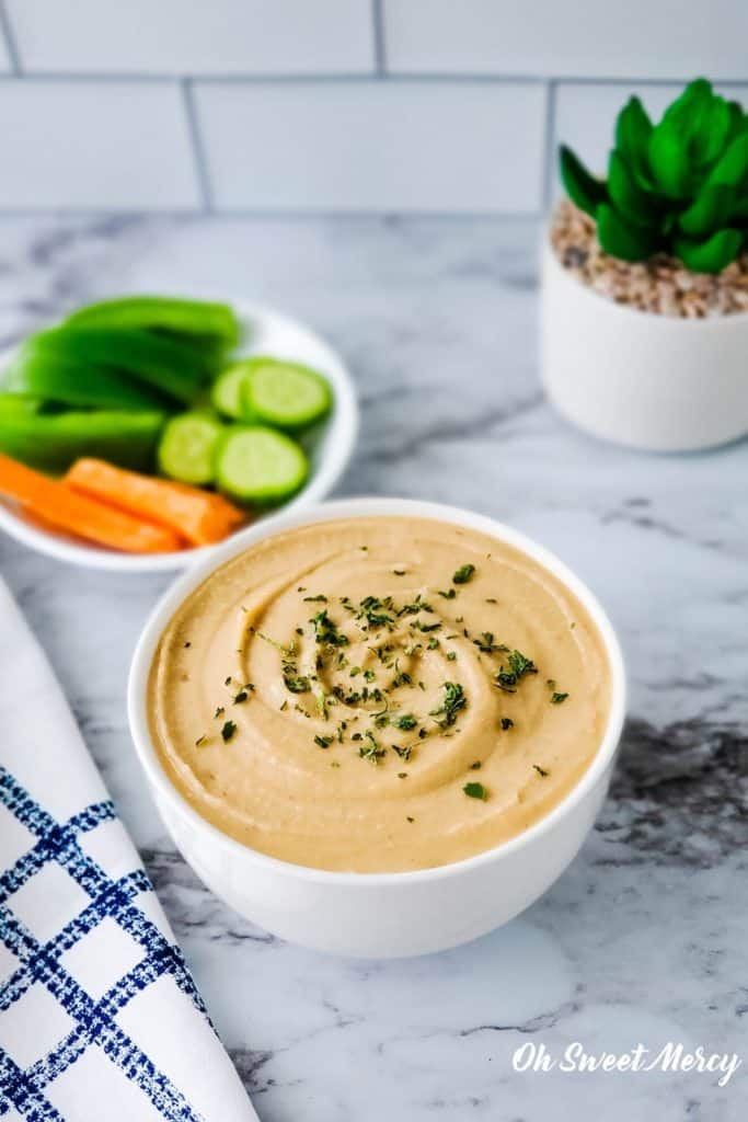 Bowl of Savory White Bean dip with veggies