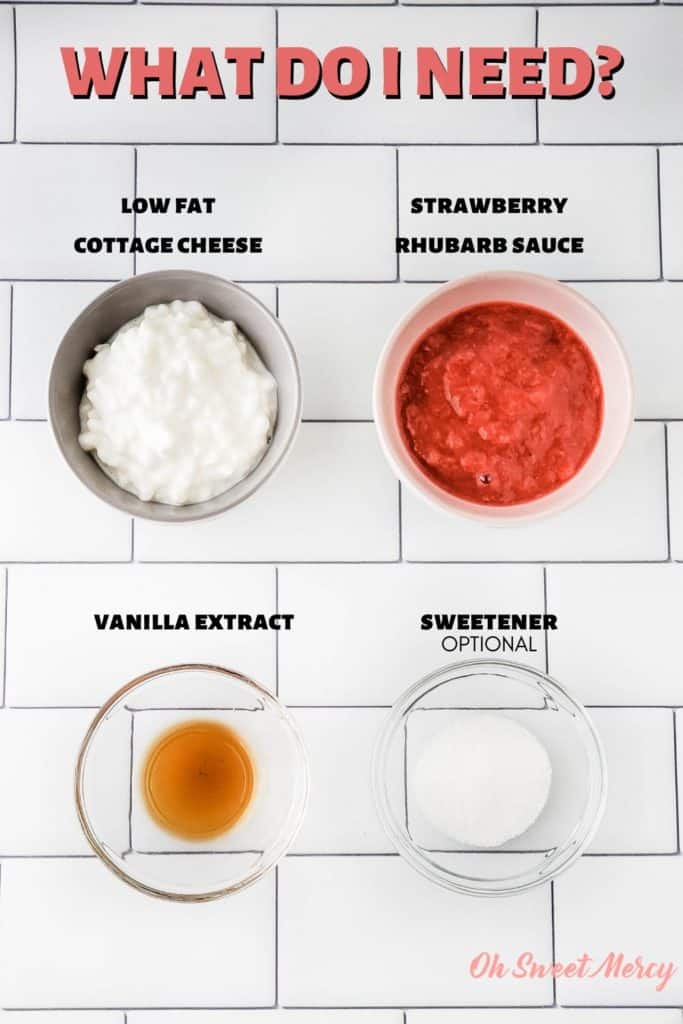 Strawberry Rhubarb Whipped Cottage Cheese ingredients: low fat cottage cheese, low carb strawberry rhubarb sauce (recipe linked in post), vanilla extract, optional sweetener