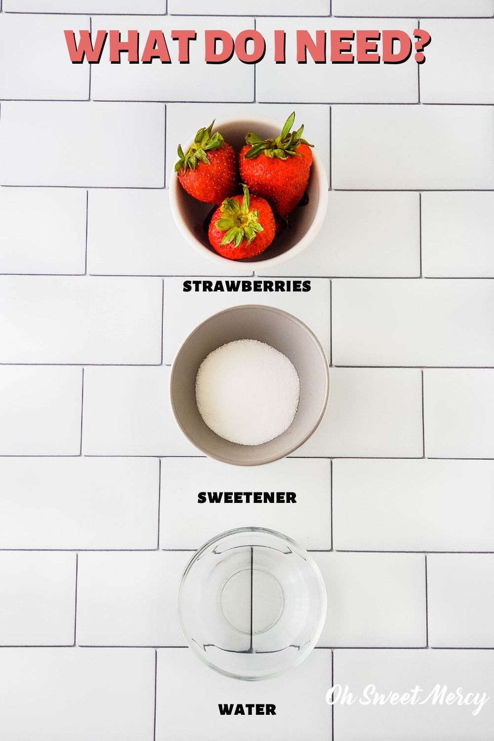 Ingredients for sugar free strawberry sauce: strawberries, sweetener, water, optional salt