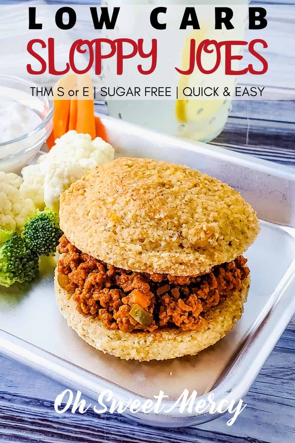 A little bit sweet, a little bit tangy, this easy low carb sloppy joe recipe is on the table in about 25 minutes. Trim Healthy Mamas, easily convert it for a THM E meal, too! Big list of on plan breads and sides included. #lowcarb #thm #keto #sugarfree #easy #homemade #sloppyjoe #mealprep @ohsweetmercy