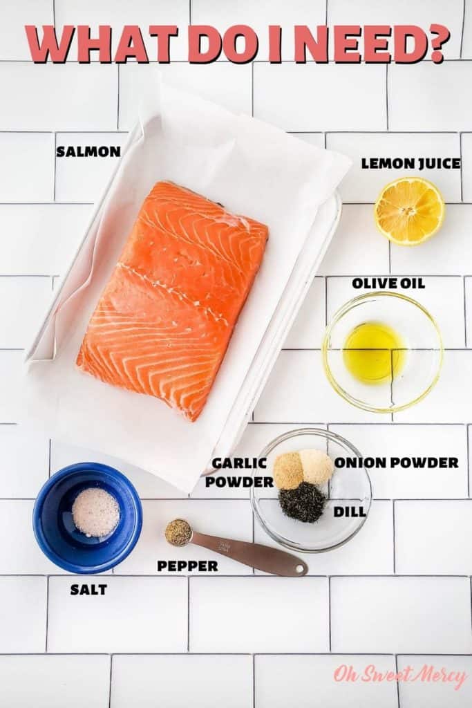 Lemon Dill Air Fryer Salmon Ingredients: salmon, olive oil, lemon juice, garlic powder, onion powder, dill, pepper, salt