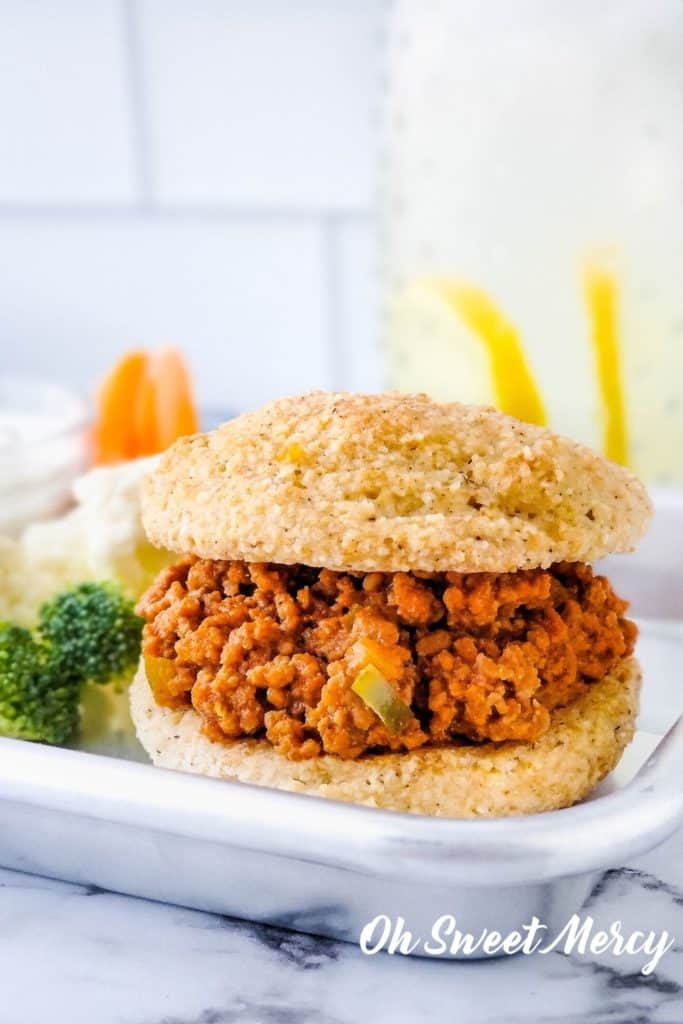 Close up of low carb sloppy joe on a keto sandwich bun