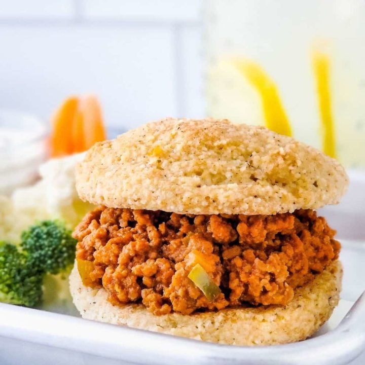 Close up of low carb sloppy joe on a keto sandwich bun