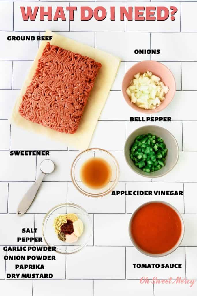 Ingredients needed: ground beef, onions, bell peppers, tomato sauce, apple cider vinegar, sweetener, salt, pepper, paprika, onion powder, garlic powder, dry mustard