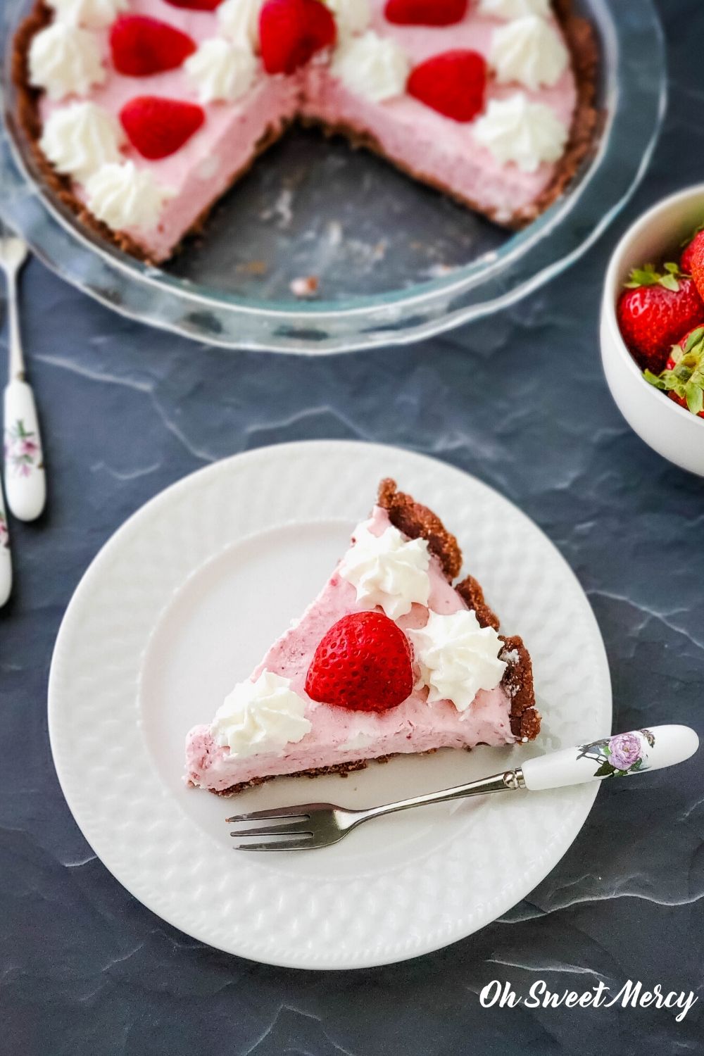 Slice of Strawberry Freezer Pie on a plate