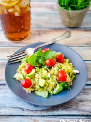 Finished recipe on plate with glass of iced tea