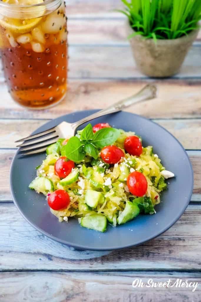 Finished recipe on plate with glass of iced tea