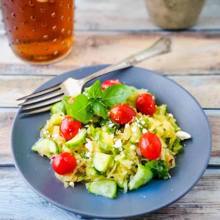 Finished recipe on plate with glass of iced tea