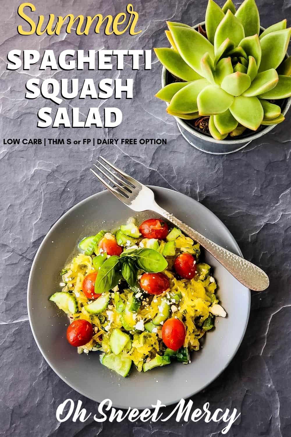 My Summer Spaghetti Squash Salad combines the fresh taste of summer favorites and a tangy vinaigrette with spaghetti squash for a low carb "pasta" salad that's perfect alongside whatever comes off your grill. Dairy free option makes it vegan, too! Trim Healthy Mamas, you can enjoy as an S or a FP, too. #spaghettisquash #summersalads #lowcarb #healthyfats #pastasalad #thm @ohsweetmercy