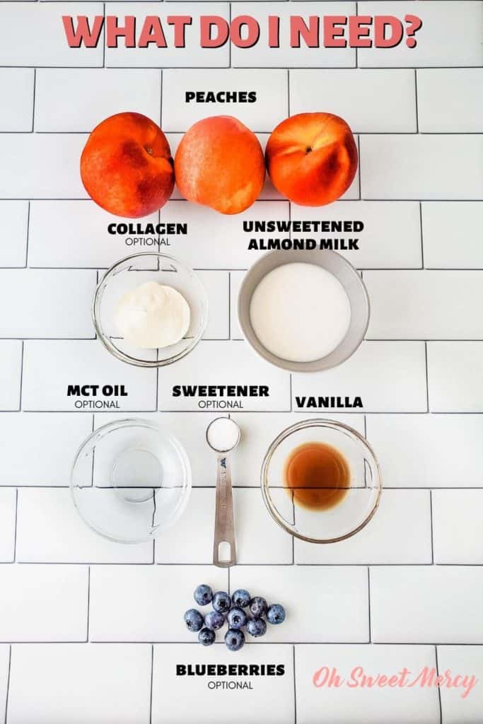 Fresh Peach Popsicles ingredients: peaches, almond milk, vanilla, sweetener (optional), MCT oil (optional), collagen (optional), blueberries (optional)