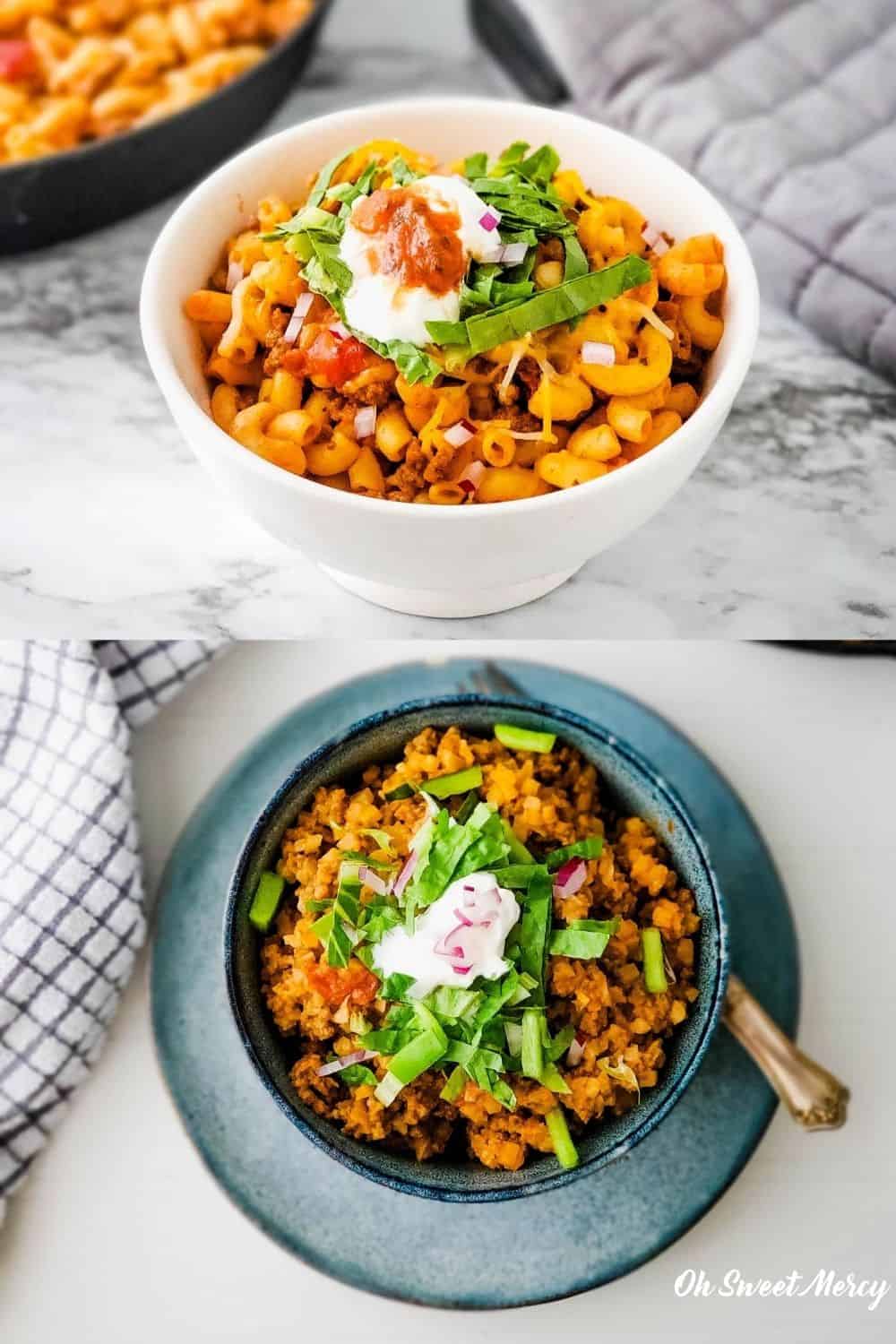 collage of taco skillet made with dreamfields in a bowl and bowl of cauli rice taco skillet