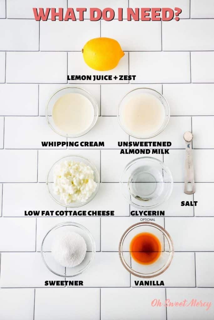 Luscious Lemon Ice Cream ingredients: fresh lemon and zest, unsweetened almond milk, heavy cream, low fat cottage cheese, glycerin (optional), high mineral salt, sweetenr, vanilla