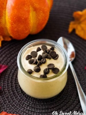 Jar of Pumpkin Pie Yogurt with Chocolate Chips and fall decor