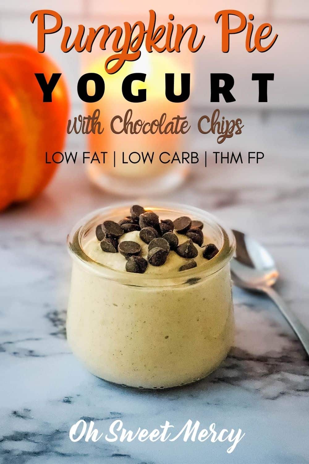 Craving the pumpkin spice but too hot for lattes or pies? Make my cool, creamy, low fat and low carb, protein packed Pumpkin Pie Yogurt with Chocolate Chips instead. Perfect for snacks, quick and easy mealas, packing in lunches, camping, and anytime you need a THM FP snack or dessert. #lowfat #lowcarb #healthy #skyr #pumpkinspice #thm #fuelpull #thmfp #thmsnacks #thmdesserts #yogurt @ohsweetmercy