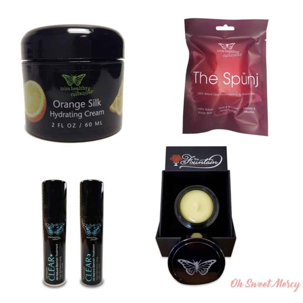 THM Skin Care Collage: Orange Silk Hydrating Cream, Spunj Deep Cleansing Facial Exfoliator, Clear AM/PM blemish system, The Fountain Anti-Aging Cream