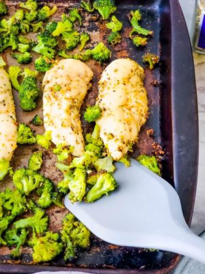 Chicken and broccoli on baking sheet