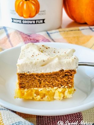 Piece of sugar free pumpkin pie bars, ready to eat