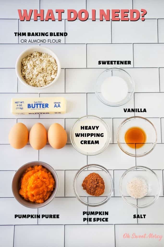 Sugar Free Pumpkin Bars ingredients: THM Baking Blend or almond flour, butter, eggs, pumpkin, pumpkin pie spice, salt, vanilla, heavy whipping cream, sweetener.