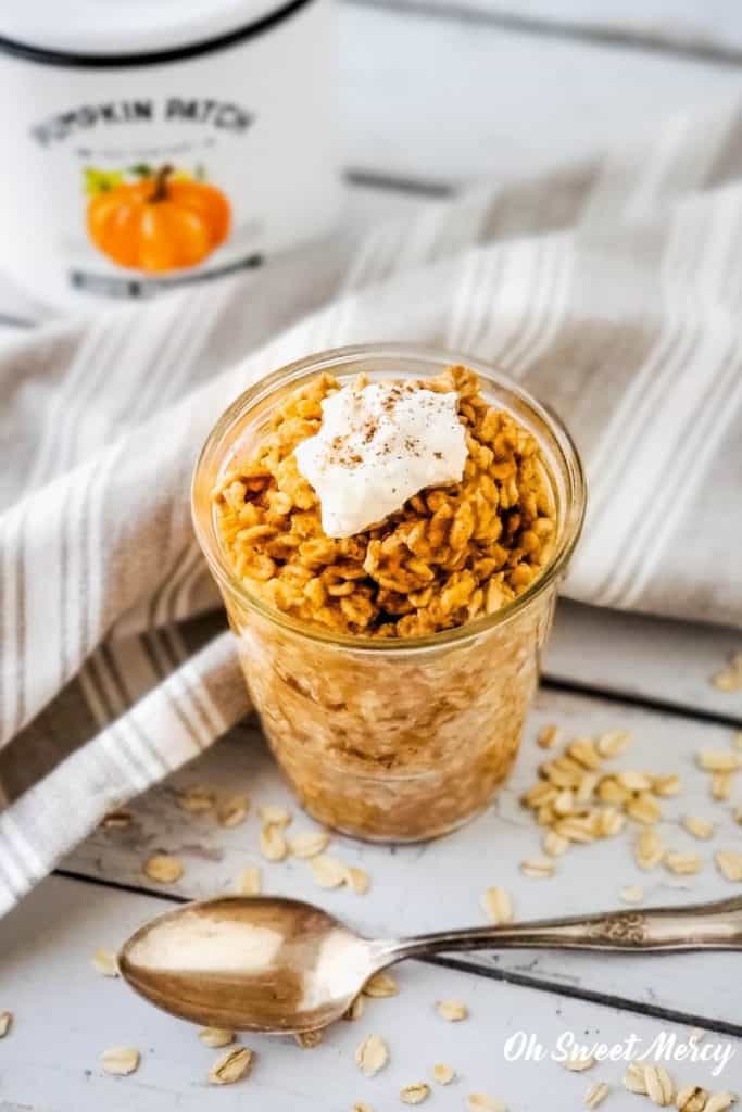 Small jar of caramel pumpkin spice overnight oats