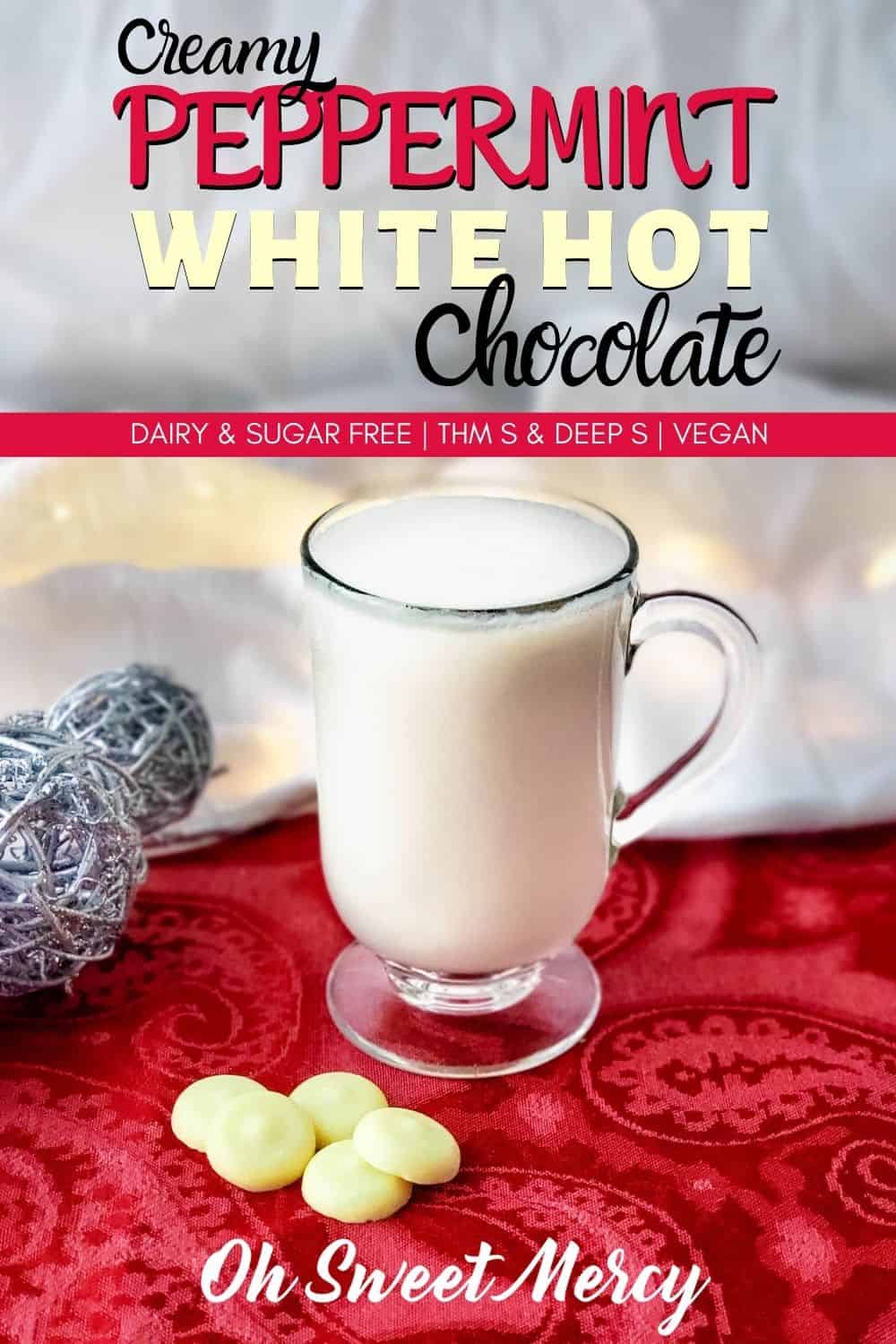 This Creamy Peppermint White Hot Chocolate is dairy and sugar free, but oh so rich and delicious. Perfect for THM Deep S, keto, and vegan peeps, this delicious drink nourishes with healthy fats. #thm #lowcarb #sugarfree #dairyfree #peppermint #whitehotchocolate #cacaobutter #vegan #keto #hotchocolate @ohsweetmercy