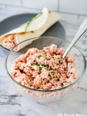 Bowl of deli style ham salad made with turkey ham