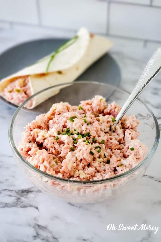 Bowl of deli style ham salad made with turkey ham