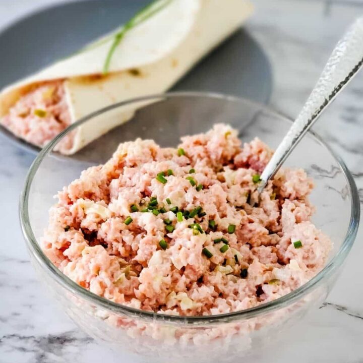 Bowl of deli style ham salad made with turkey ham