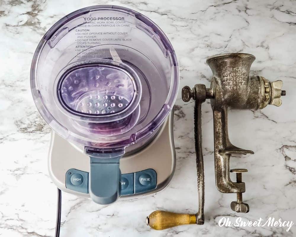 Food processor and old fashioned meat grinder