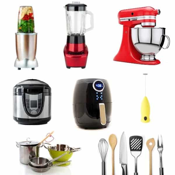 various kitchen tools and small appliances like blender, mixer, air fryer