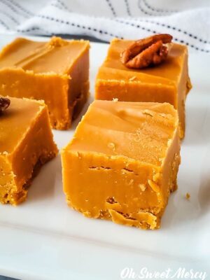 Close up of piece of low carb butterscotch fudge