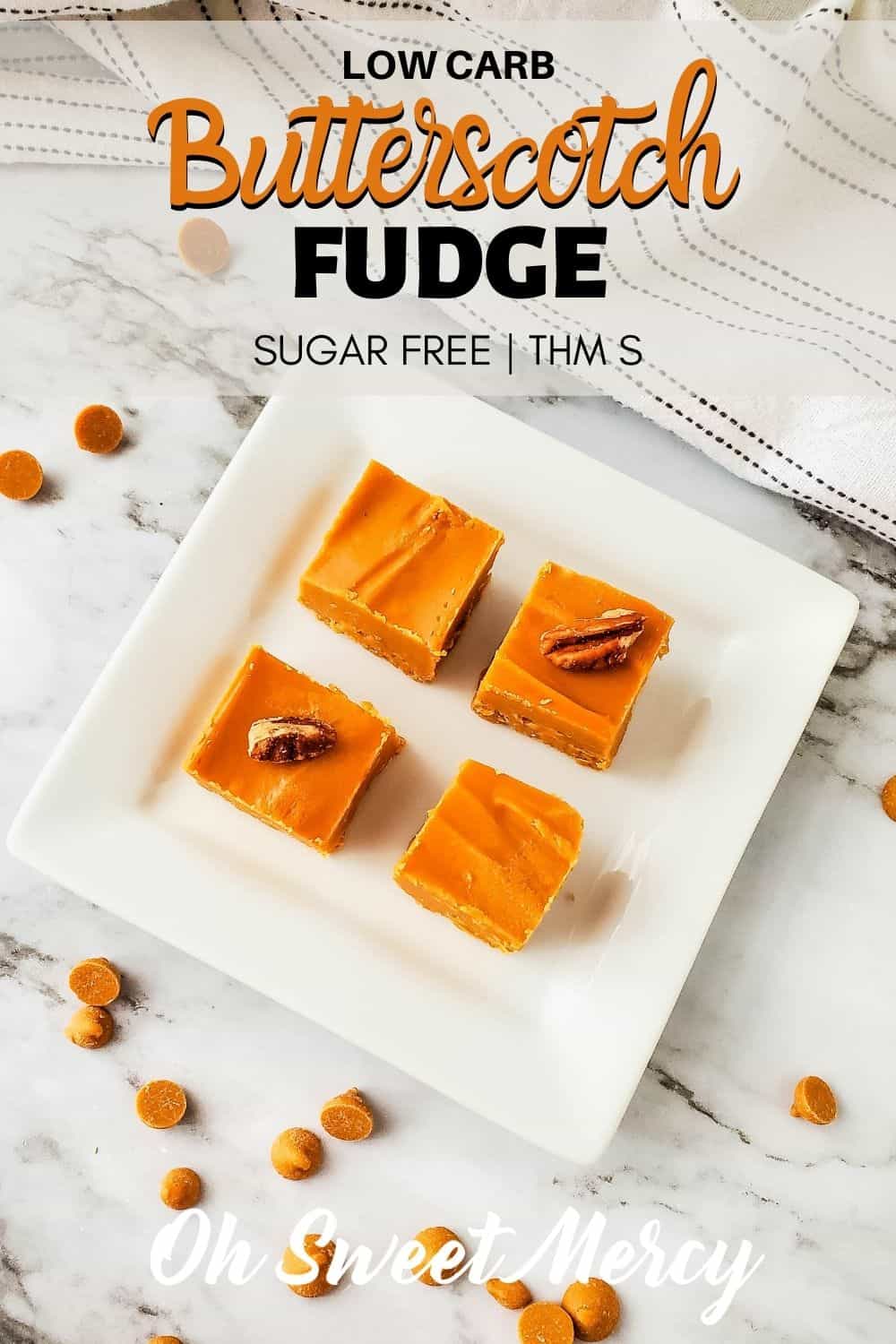 This easy, silky, rich, Low Carb Butterscotch Fudge takes just 4 (or 5 if you like nutty fudge) ingredients and about an hour to make. Keep it on hand to keep temptation at bay. #lowcarb #sugarfree #thm #homemade #fudge #keto @ohsweetmercy