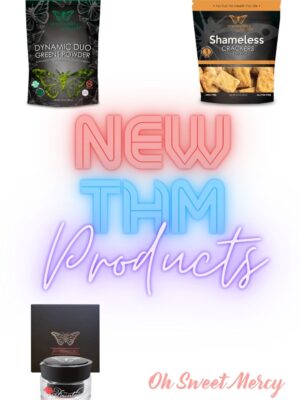Graphic showing new THM products Dynamic Duo Greens Powder, Shameless Crackers, Super Fountain anti aging cream