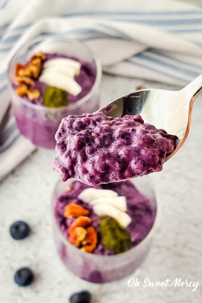 Chia pudding on spoon