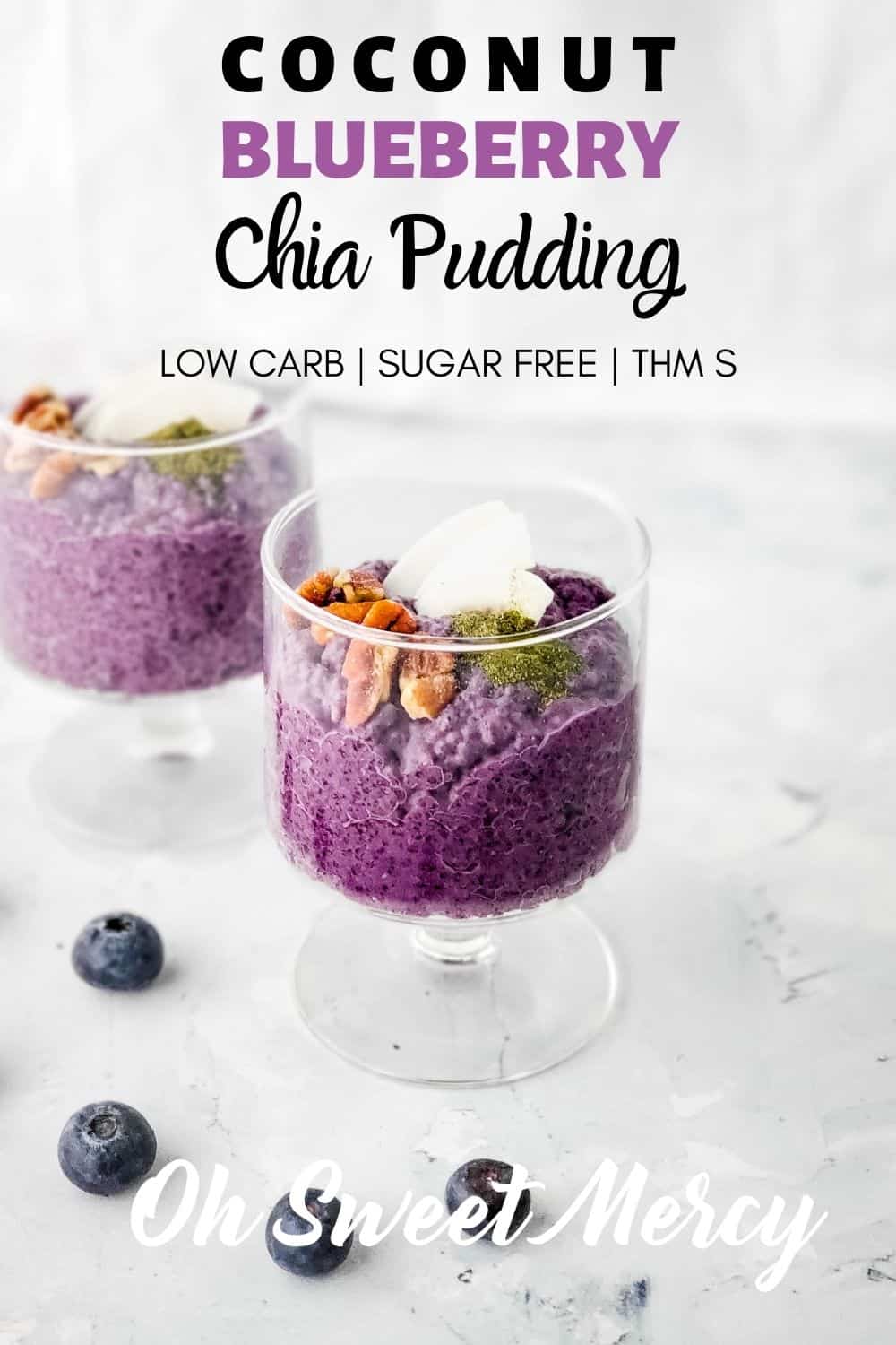 This dairy free Coconut Blueberry Chia Pudding is quick and easy to make, plant based, and packed with nutrition. It's perfect for stirring your new THM Dynamic Duo Greens Powder (or your favorite greens powder) into for an added boost of nutrition. Low carb, healthy fats, sugar free, and THM friendly. #thm #lowcarb #sugarfree #vegan #plantbased #chiaseeds #chiapudding #keto @ohsweetmercy