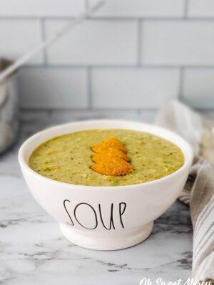 Bowl of dairy free cheesy broccoli soup