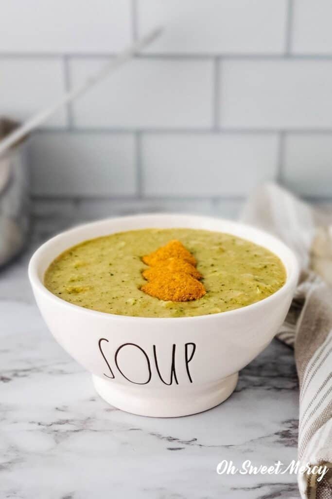 Bowl of dairy free cheesy broccoli soup