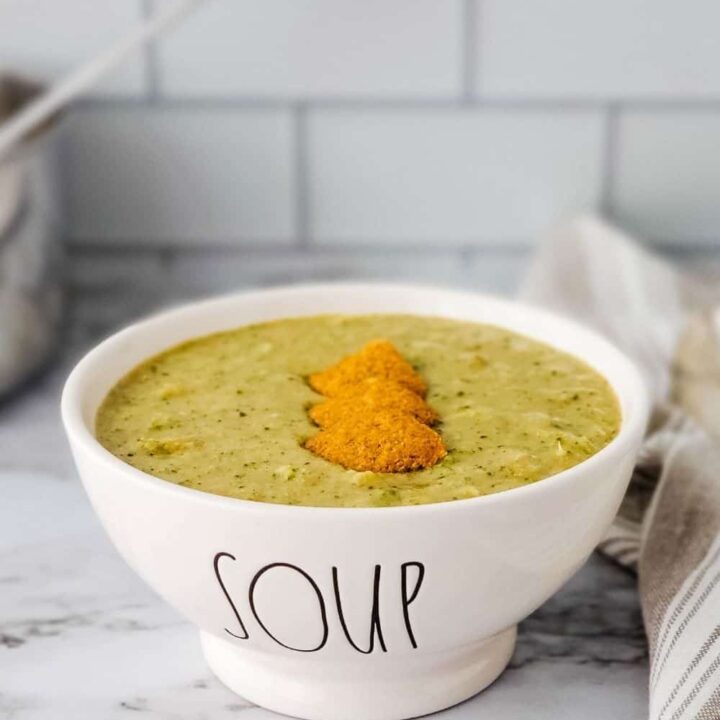 Bowl of dairy free cheesy broccoli soup