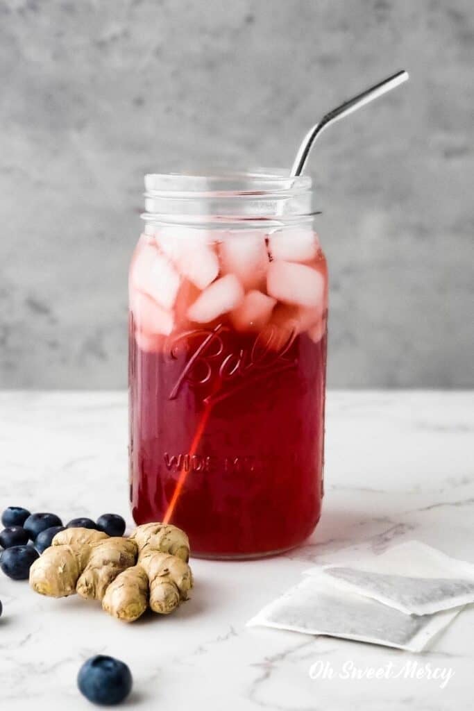 Mason jar of ginger blueberry good girl moonshine