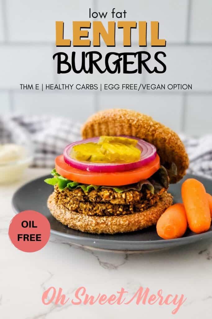 Pinterest Pin image for low fat lentil burgers recipe