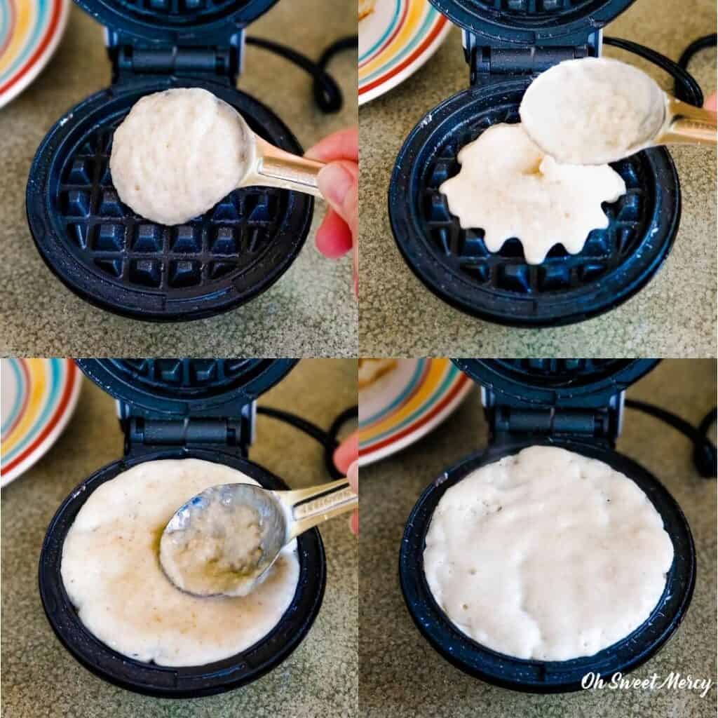 Collage of putting batter on mini waffle maker, it expands so don't use too much.