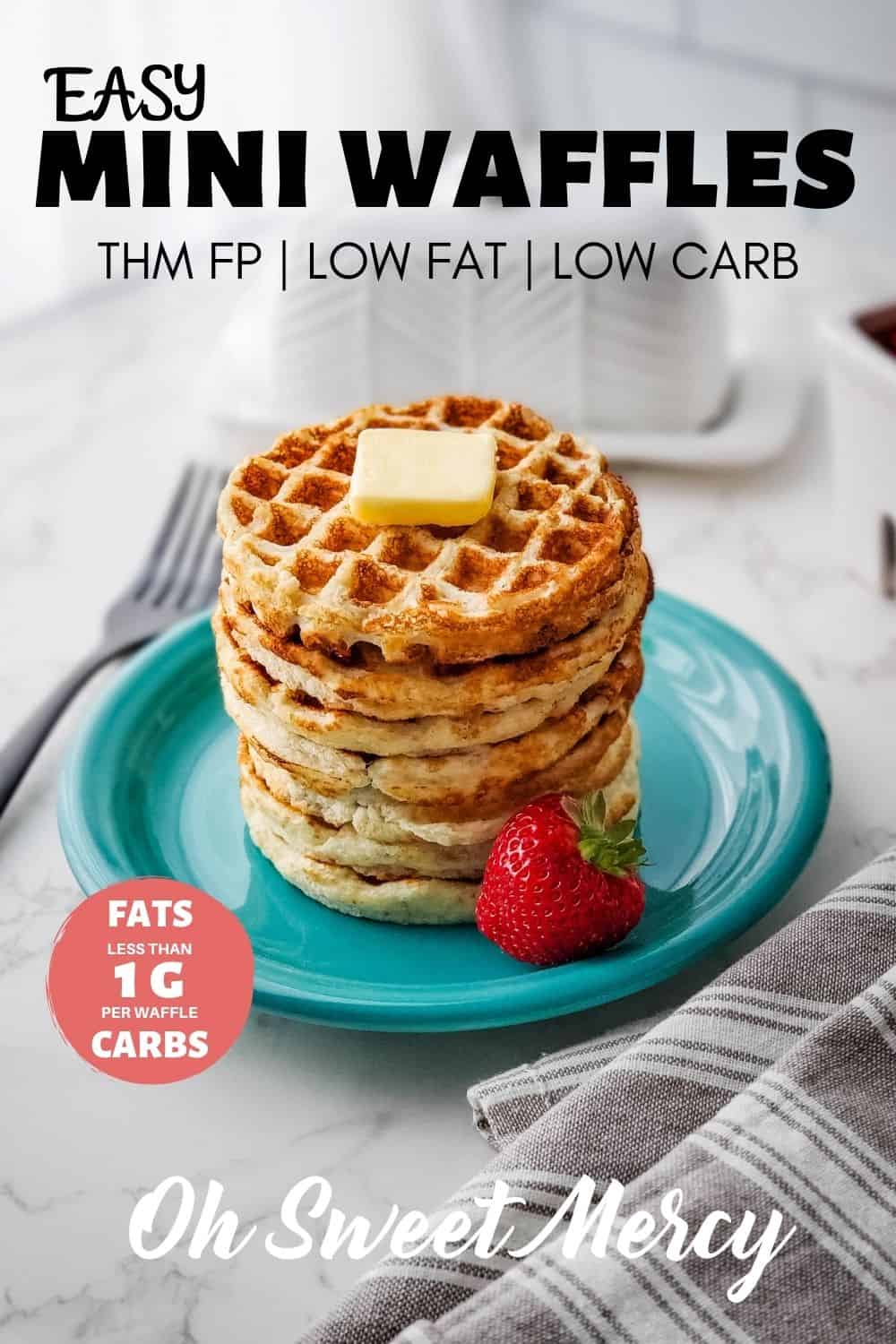 If you're missing waffles, be sad no more! My Easy Mini Waffles are low fat and low carb but still deliver a great waffle experience. A THM FP, they're a versatile addition to your breakfast or snack routine. Freezable and reheats well in the toaster! #thm #lowfat #lowcarb #thmfp #miniwaffles #dashmini @ohsweetmercy