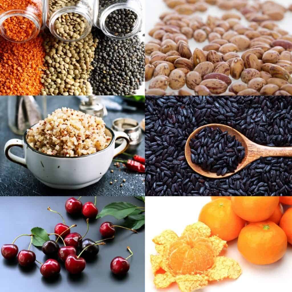 Collage of lentils, pinto beans, cooked quinoa, black rice, cherries, and mandarin oranges