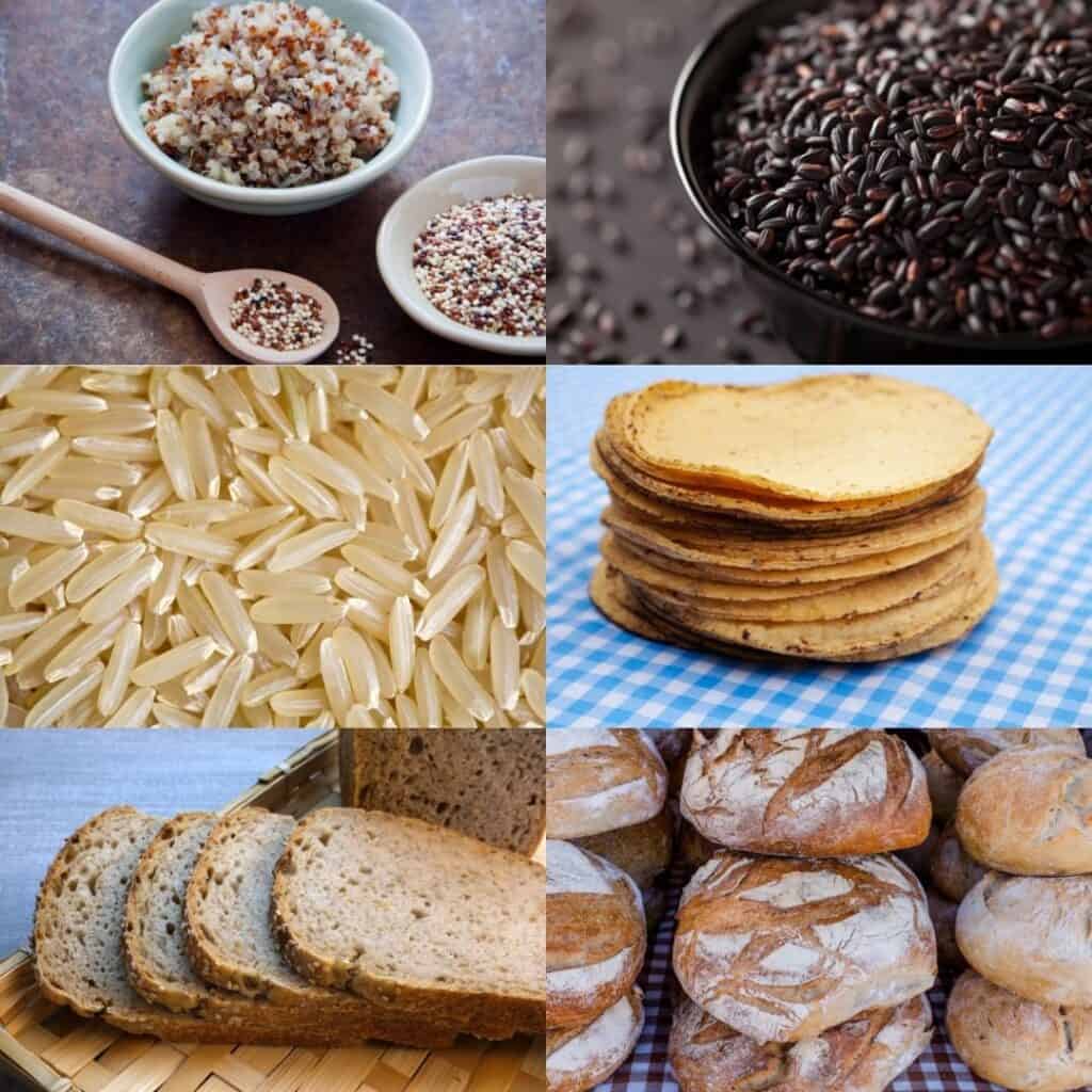 collage of quinoa, black rice, brown jasmine rice, sprouted corn tortillas, sprouted bread, sourdough bread