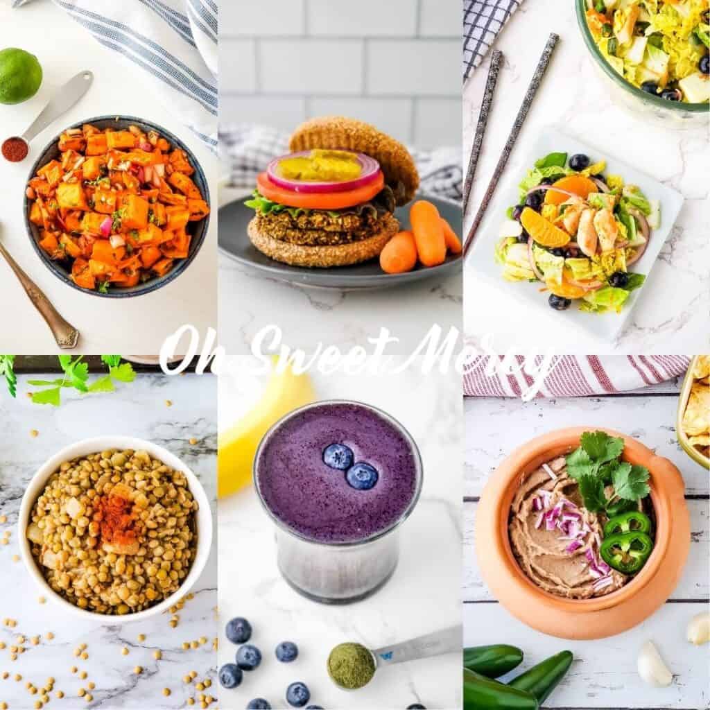 collage of some of my favorite THM E meals: chipotle lime roasted sweet potato salad, lentil burgers, mandarin blueberry napa cabbage salad, simple seasoned lentils, secret blueberry smoothie, party bean dip