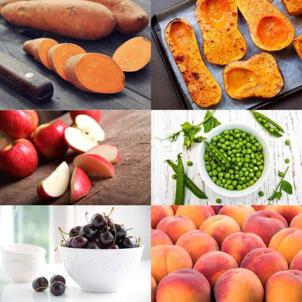 Collage of sweet potato, butternut squash, apples, peas, dark sweet cherries, peaches