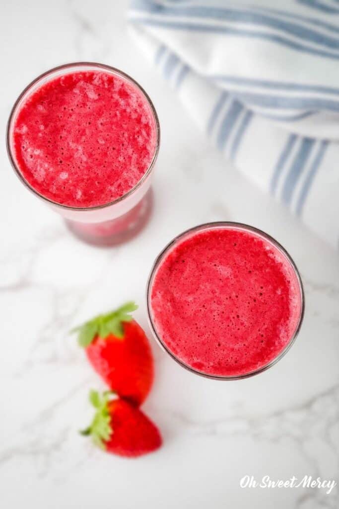 overhead shot of smoothie in 2 glasses