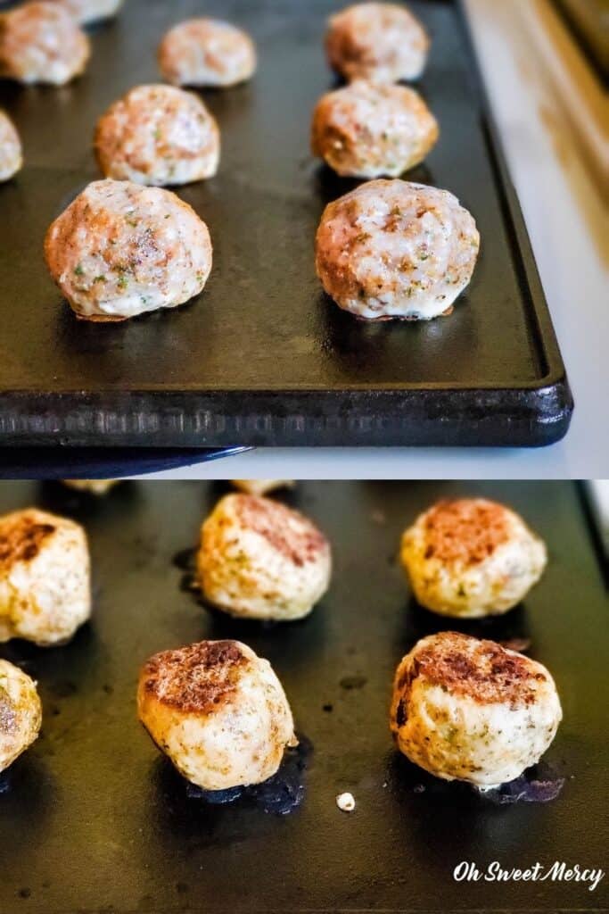 Cooking meatballs on stove top griddle: top, just put on and still nice and round; bottom, slightly mishapen from turning.